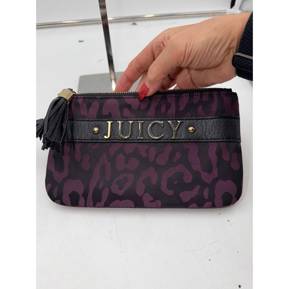 Juicy Couture Double Zip Wristlet Purple Leopard Animal Print Tassel Gold Logo